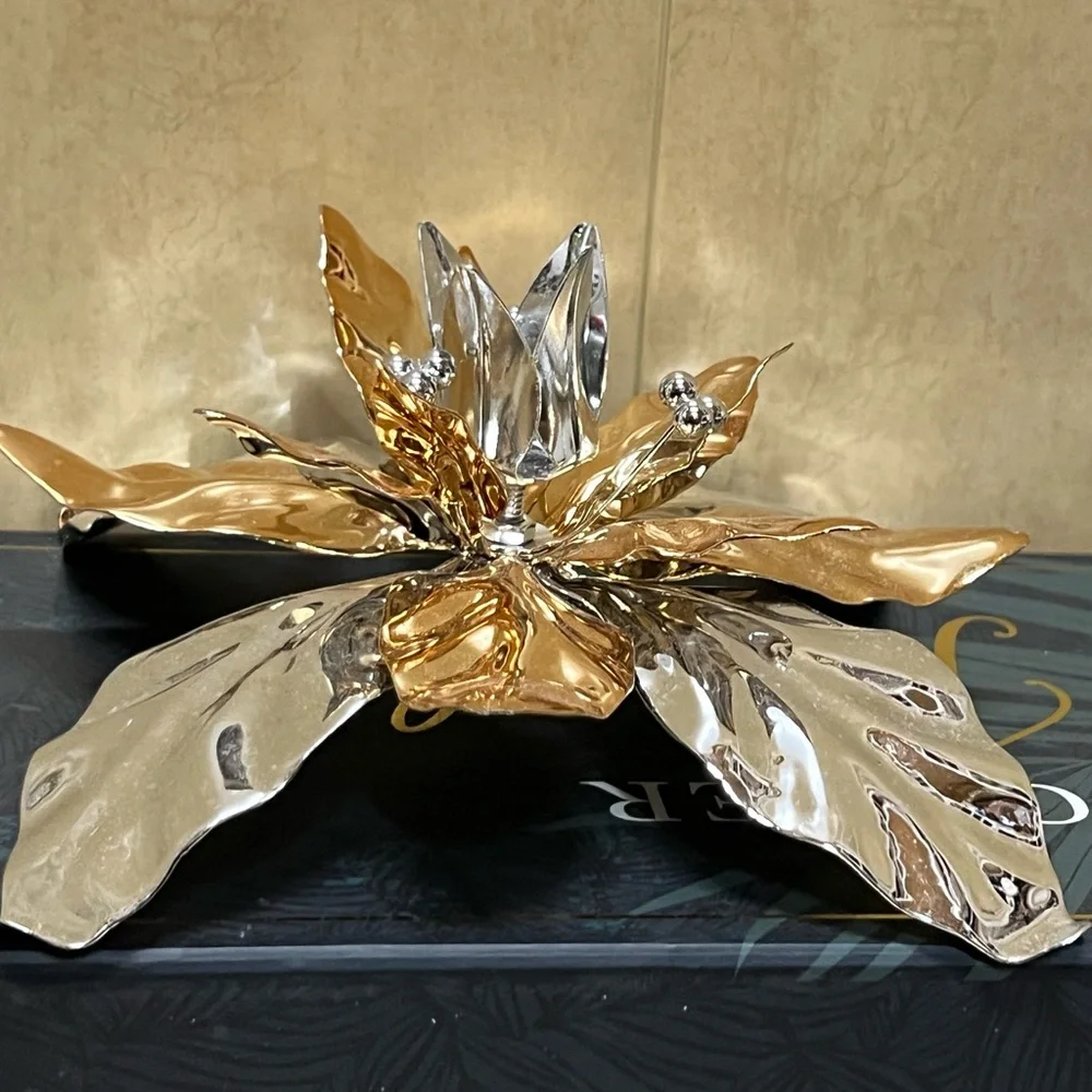 Vintage 7 inch Department 56 Gold and Silver Poinsettia Taper Candle Holder